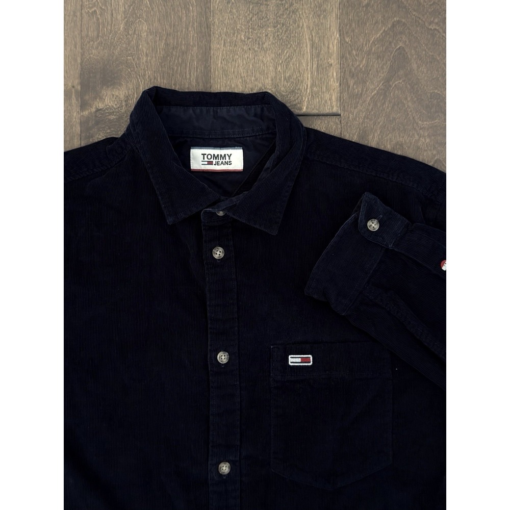 Tommy Jeans Hilfiger Mens Navy Blue Corduroy Button Down Shirt Small Logo 90s